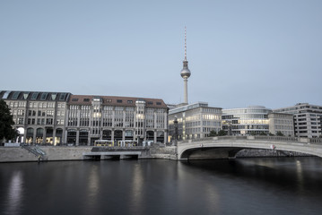 Berlin Cityscape, TV Tower and bridge (Friedrichsbruecke) over river Spree at evening, Berlin Mitte, Germany, Europe, filtered style