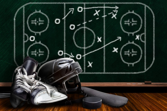 Ice Hockey Equipment and Chalk Board Play Strategy - Powered by Adobe