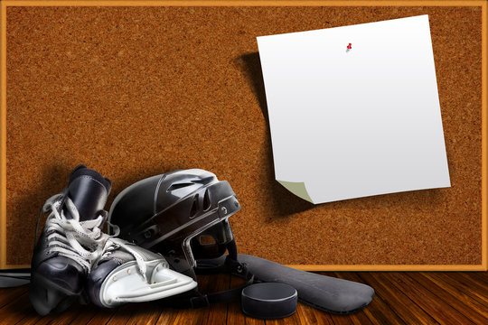 Ice Hockey Equipment and Cork Board Copy Space