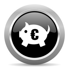 piggy bank black metallic chrome web circle glossy icon