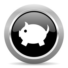 piggy bank black metallic chrome web circle glossy icon