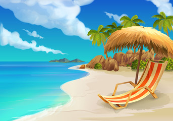 Naklejka na ściany i meble Tropical beach, lounge chair, vector background