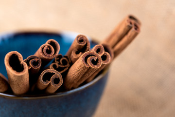 Obraz na płótnie Canvas Organic Cinnamon sticks in a blue bowl