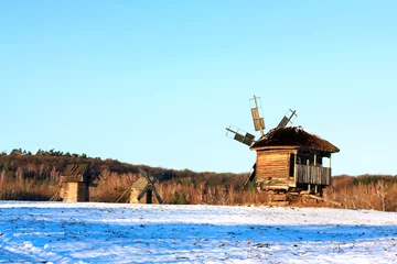 Foto op Plexiglas Molens Winter landscape with mills