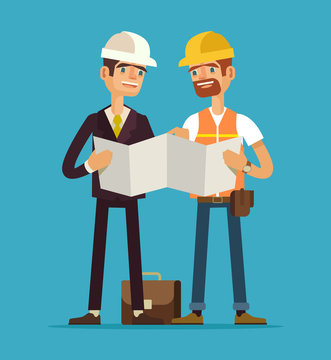 Foreman and worker. Vector flat illustration