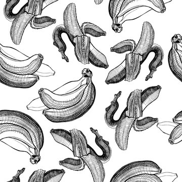 Seamless wallpaper pattern with bananas engraving drawing