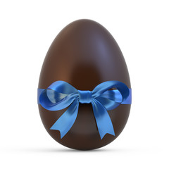 chocolate easter egg with blue ribbon on white background