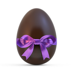 chocolate easter egg with violet ribbon on white background