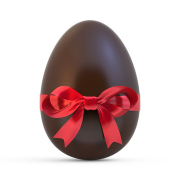 chocolate easter egg with red ribbon on white background