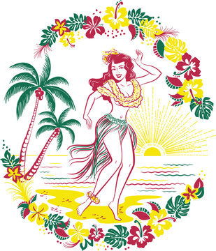 Retro design of  Hawaiian hula girl dancing in a grass skirt on a beach in front of palm trees surrounded by tropical flowers as the sun sets