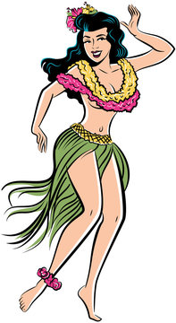 Retro pop art comic style illustration of Hawaiian hula girl dancing in a grass skirt