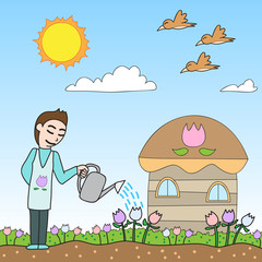vector cartoon character man watering