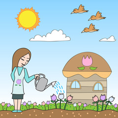 Fototapeta premium vector cartoon character woman watering
