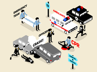 beautiful isometric style concept design of emergency situation scene; car crash, CPR performing and police officer