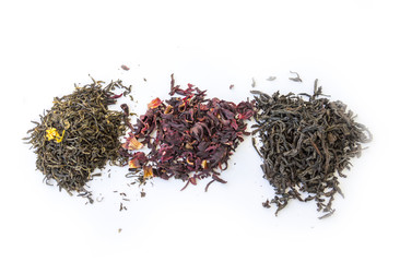 Three kinds of tea - red, green and black mesh and brewing