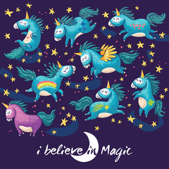 Magic card with cute unicorn. Vector cartoon illustration