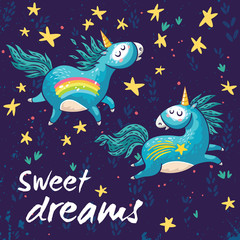 Sweet card with cute unicorns. Vector cartoon illustration