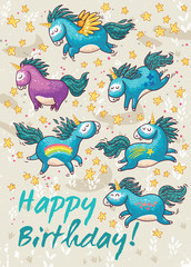 Birthday card with cute unicorns. Vector cartoon illustration