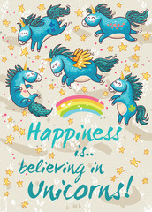 Happy card with cute unicorns. Vector cartoon illustration