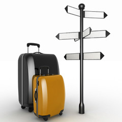 Travel concept. Signpost and suitcases on a white background. 3d render illustration