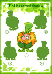 Educational shadow matching task for kids with satisfied leprechau