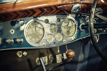 Blue dashboard of a vintage car