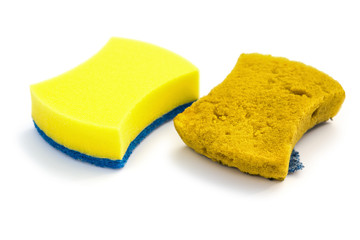 side view new & old double-side cleaning sponge on a white background