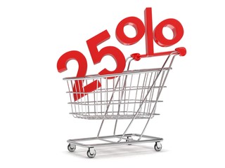 discount 25%, shopping cart on white background. 