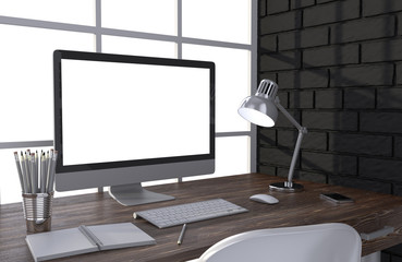 Fototapeta premium 3D illustration PC screen on table in office, Workspace