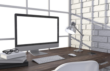 3D illustration PC screen on table in office, Workspace