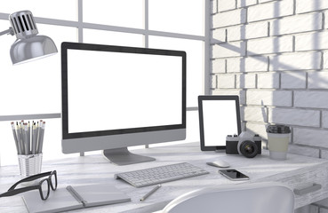 Fototapeta premium 3D illustration PC screen on table in office, Workspace