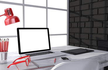 3D illustration laptop and work stuff on table near brick wall, Workspace