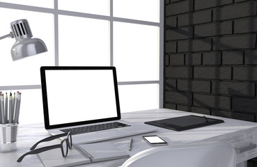 3D illustration laptop and work stuff on table near brick wall, Workspace