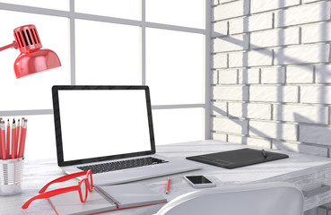 3D illustration laptop and work stuff on table near brick wall, Workspace