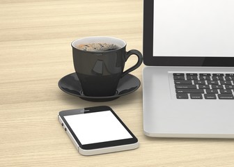 Laptop smartphone and coffee cup