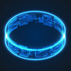 Abstract technology space background. Glowing ring with rectangles, bright sparkles and lights. Vector wallpaper