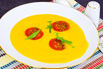 Pumpkin Soup with Carrot and Cherry Tomatoes, Saffron, Dried Her