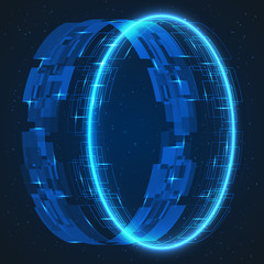 Abstract technology space background. Glowing ring with rectangles, bright sparkles and lights. Vector wallpaper