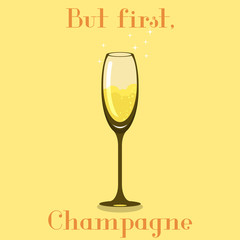 Poster or card with champagne glass, sparkles and bubbles.