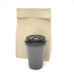 Coffee to go and lunch bag, on white.