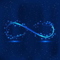 Infinity symbol with bright lights on a deep night background. Vector technology design