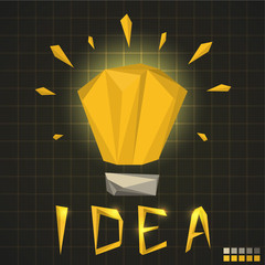 Lowpoly bulb with origami styled text "Idea". Flat polygonal banner. Vector illustration