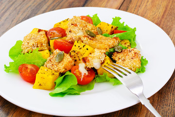 Pumpkin Salad, Suluguni Fried in Sesame, Pumpkin Seeds, Cherry T