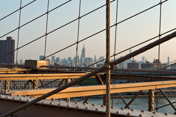 Hazy City Skyline from Brooklyn Bridge at Sunset