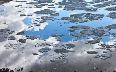 Reflection of the sky in the water with melting ice. Natural background