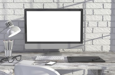 Fototapeta premium 3D illustration PC screen on table in office, Workspace