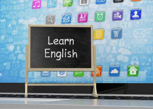  Laptop with chalkboard, learn english, online education concept