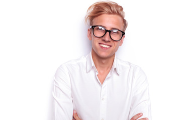 close portrait of sexy blonde man wearing glasses