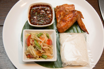 Green papaya salad, grilled chicken and sticky rice