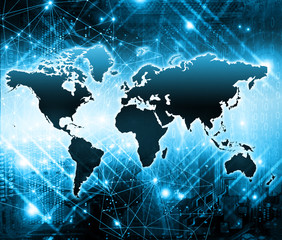 World map on a technological background, glowing lines symbols of the Internet, radio, television, mobile and satellite communications.